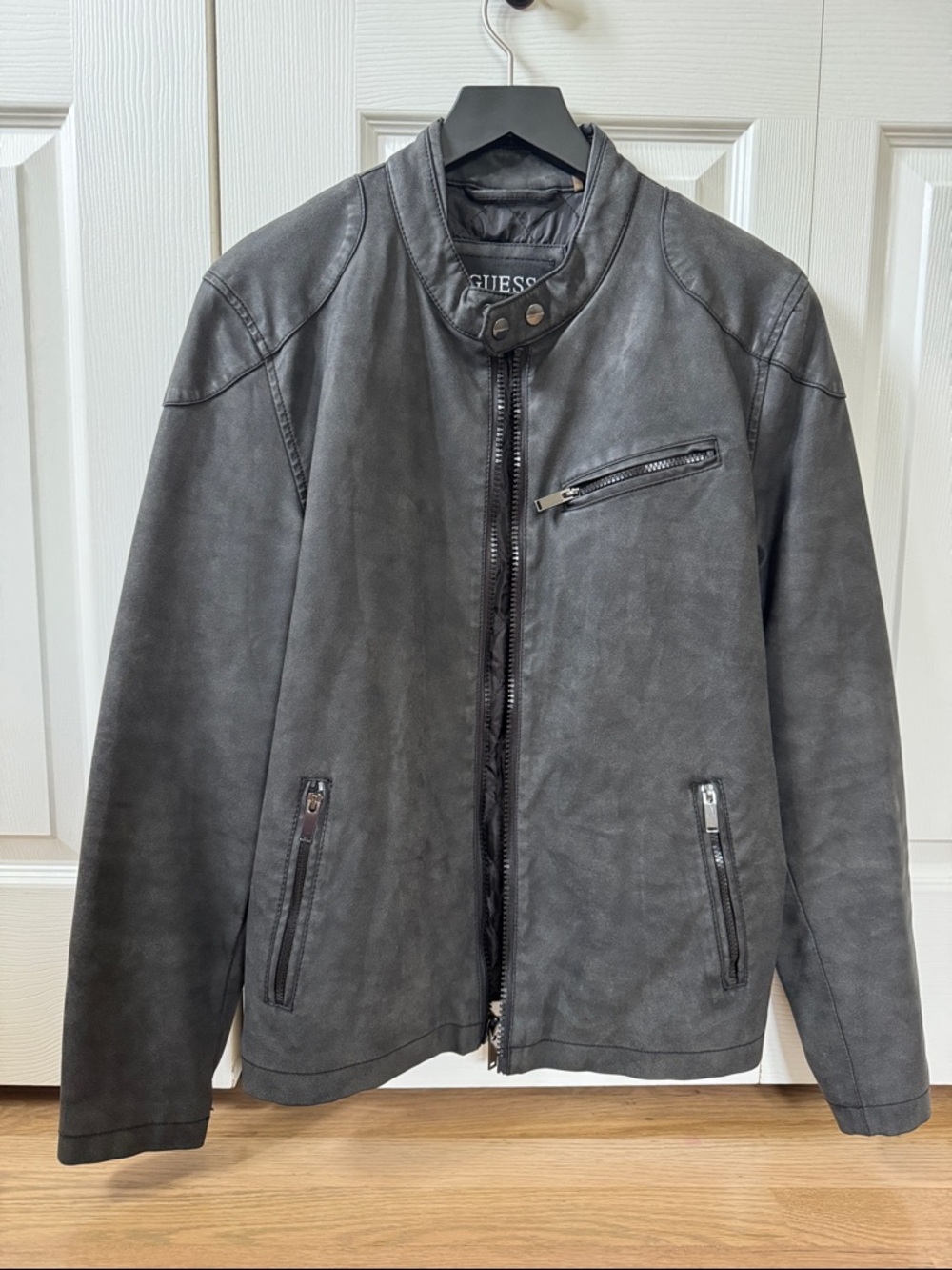 GUESS Men’s Charcoal Gray Faux Leather Bomber Jacket